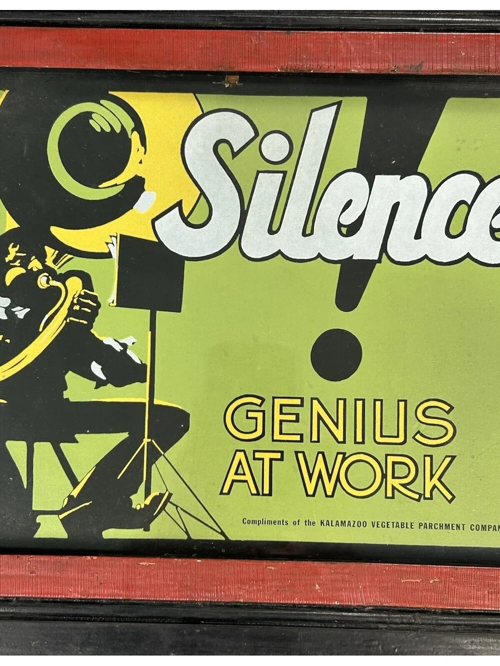 Vintage Silence Genius At Work Sign Framed Kalamazoo Vegetable Parchment 15